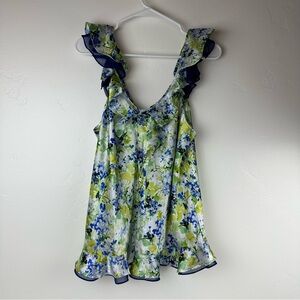 Oscar De La Renta Pink Label Ruffled Blue Green Floral Pajama Top Size L